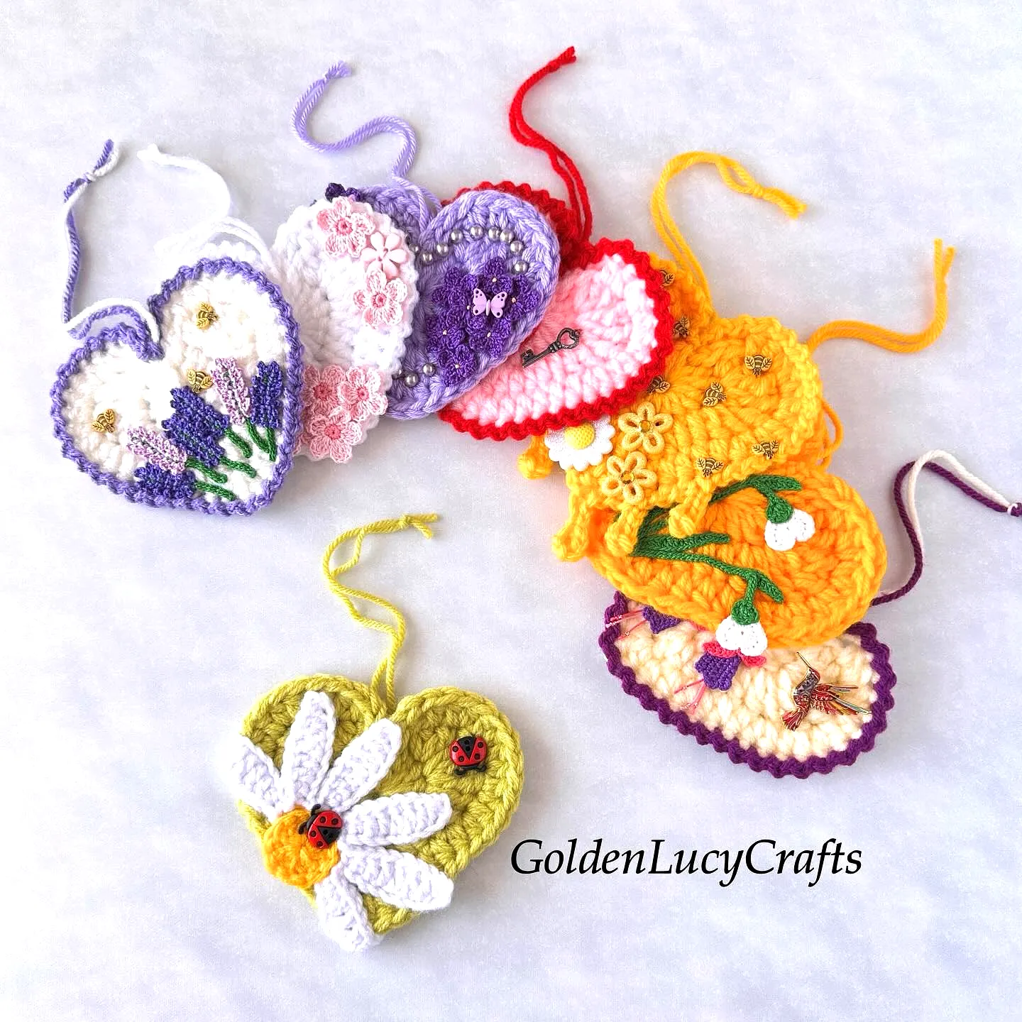 Vibrant Crochet Ornament Set with Heart Shaped Designs