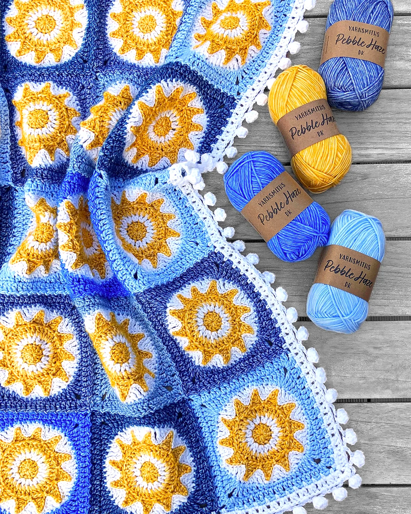 Vibrant Crochet Pet Blanket in Blue and Yellow Square Motifs