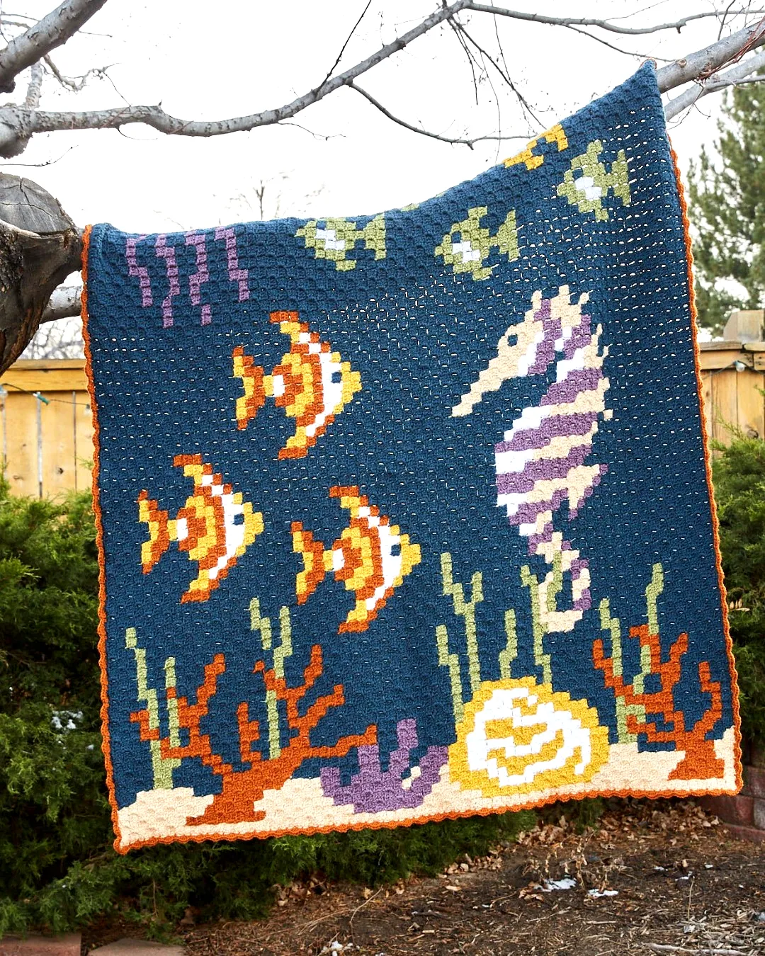 Vibrant Crochet Pet Blanket in Deep Blue with Marine Life Design