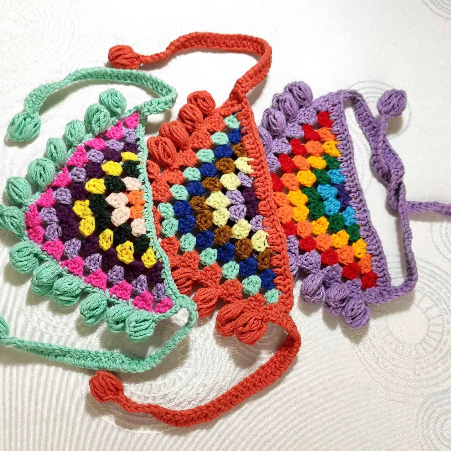 Vibrant Crochet Pet Collar with Colorful Granny Squares and Pom-Poms