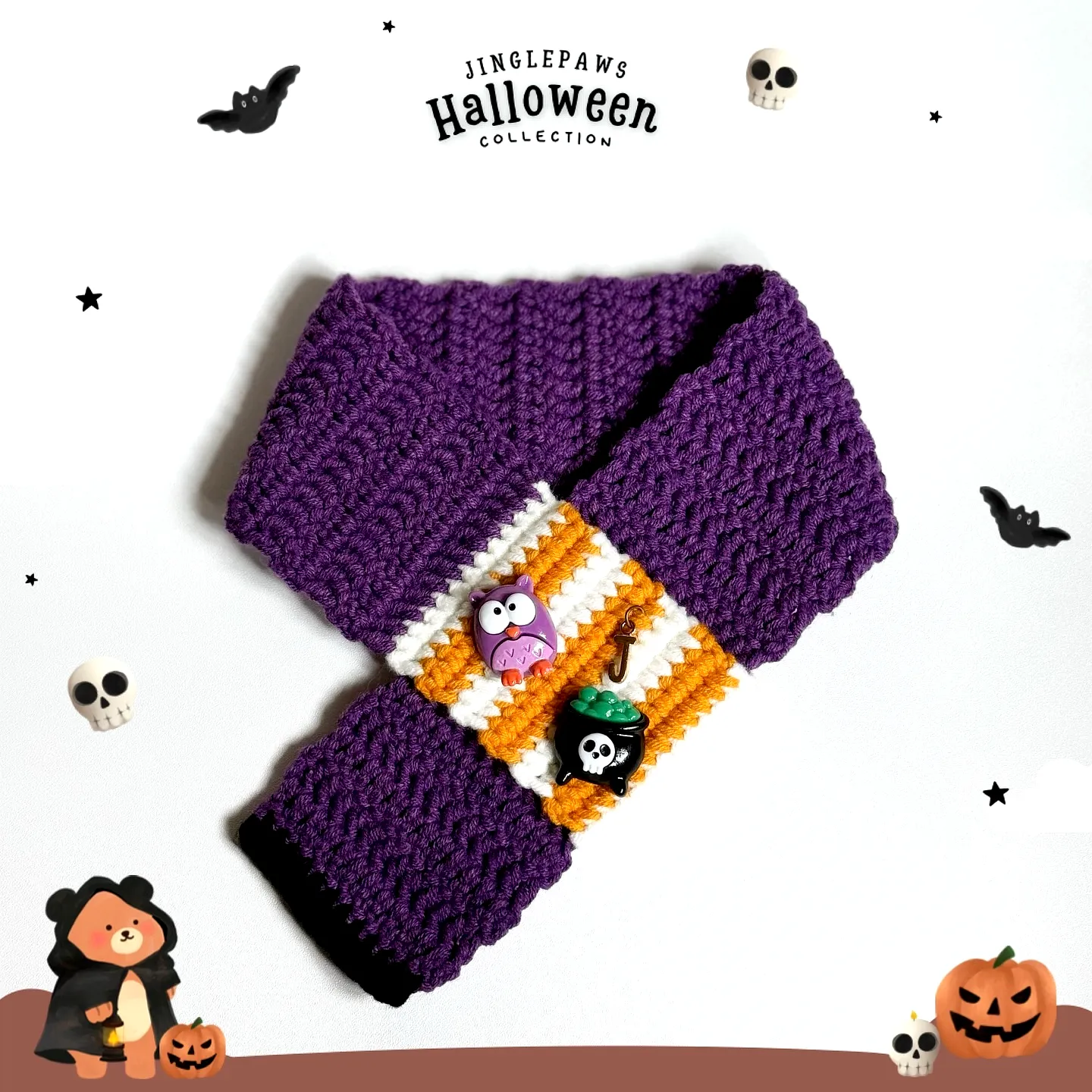 Vibrant Crochet Pet Scarf with Halloween Design