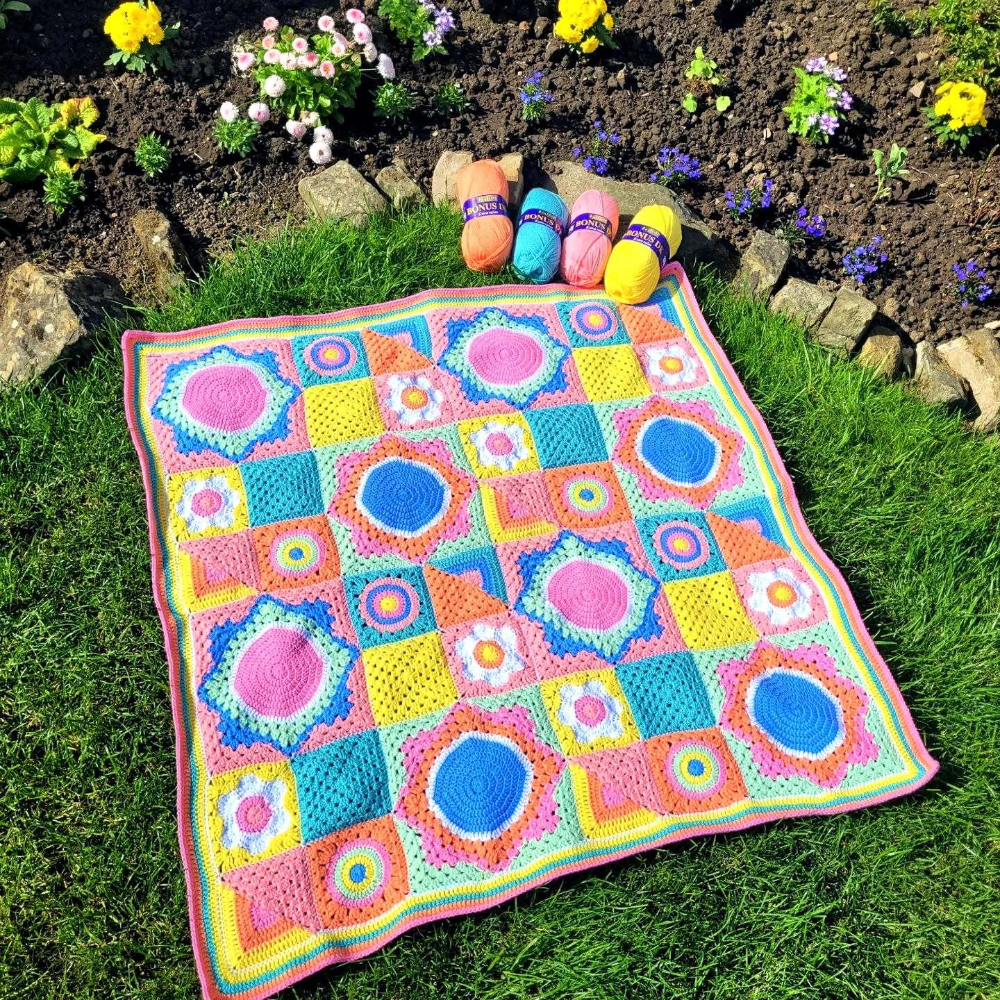 Vibrant Crochet Picnic Blanket in Colorful Patchwork Design