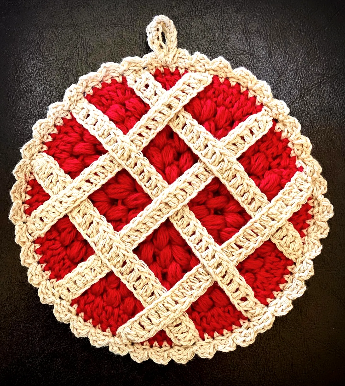 Vibrant Crochet Pie Potholder with Lattice Design