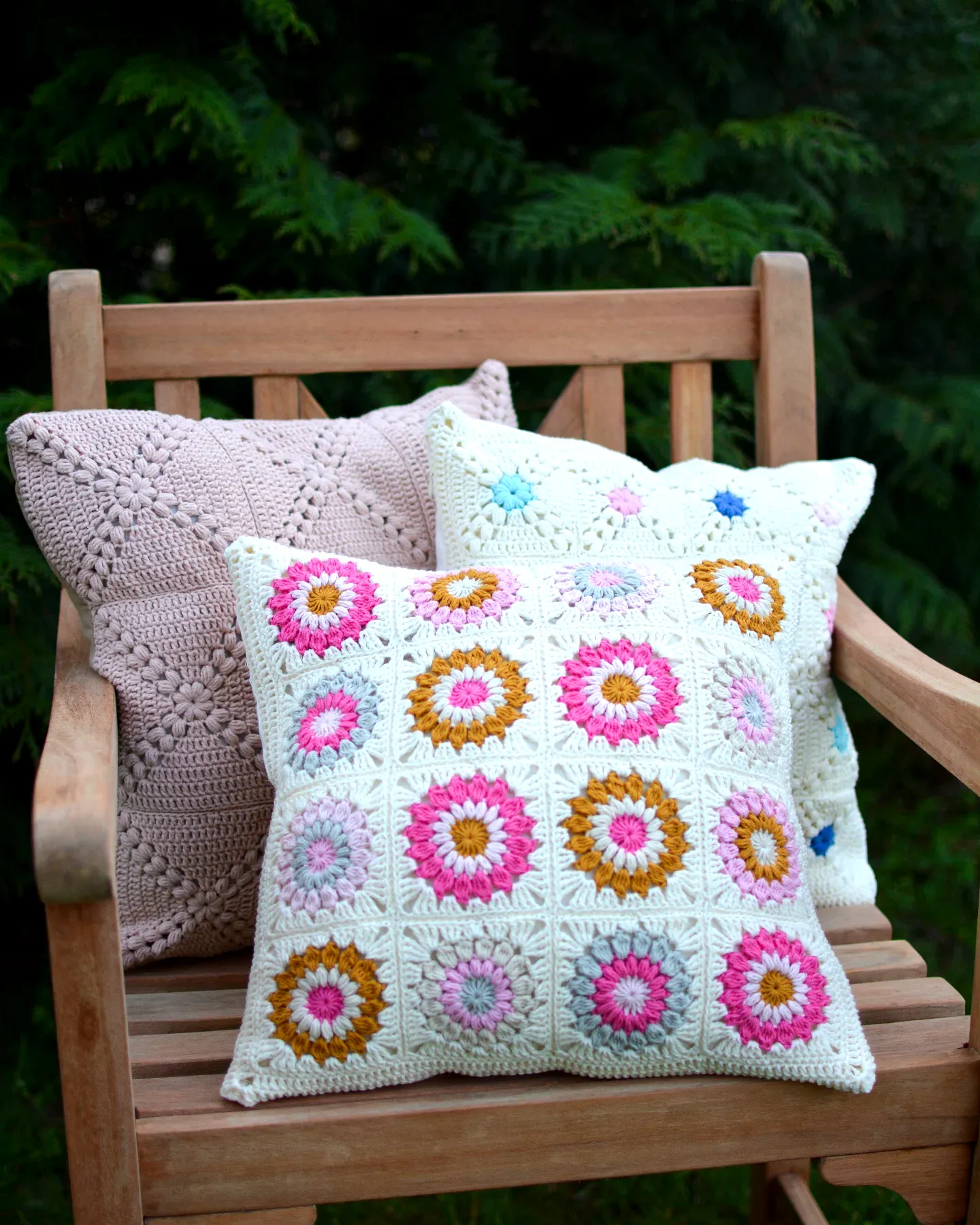 Vibrant Crochet Pillow with Floral Design