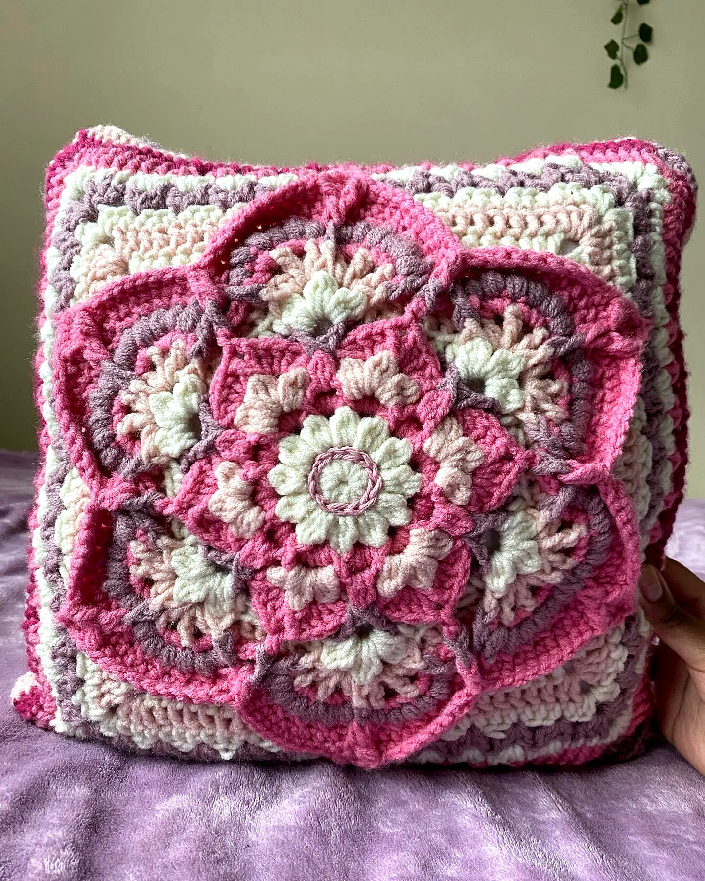 Vibrant Crochet Pillow with Floral Mandala Design