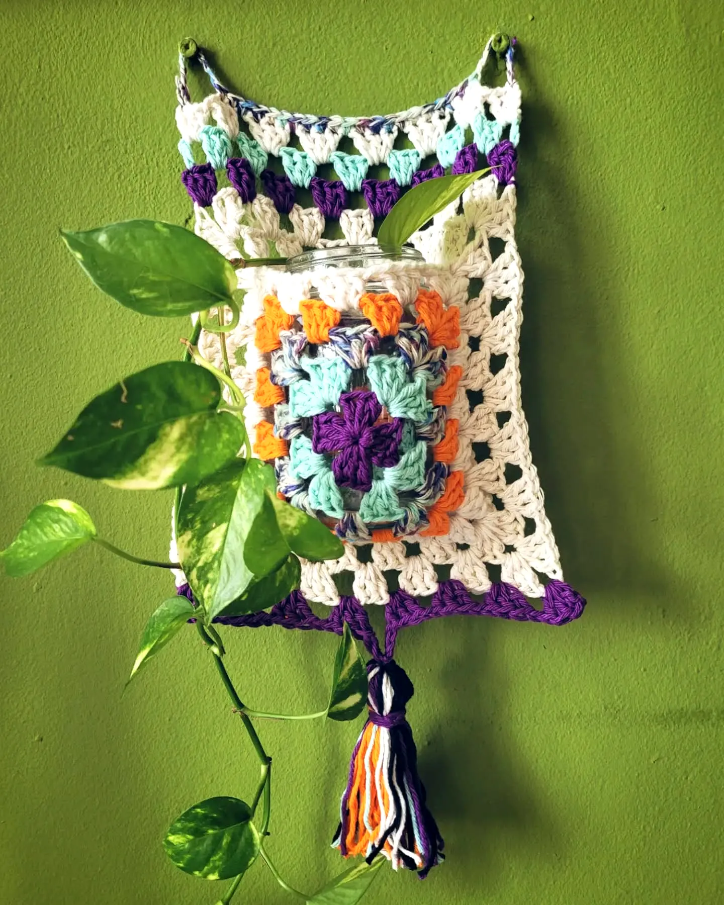 Vibrant Crochet Plant Hanger in Purple Orange and Mint Colors