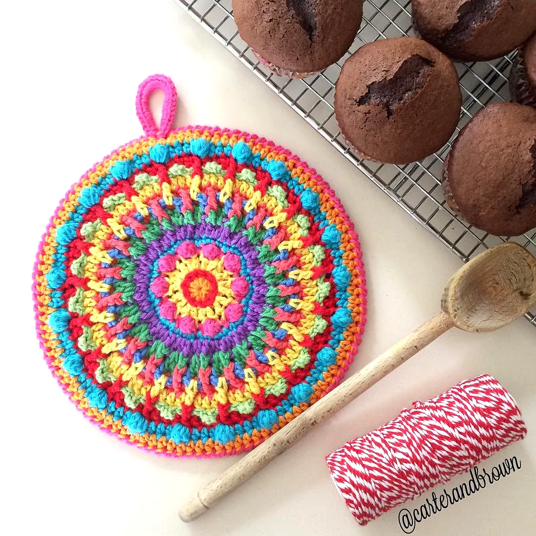 Vibrant Crochet Pot Holder with Colorful Mandala Design