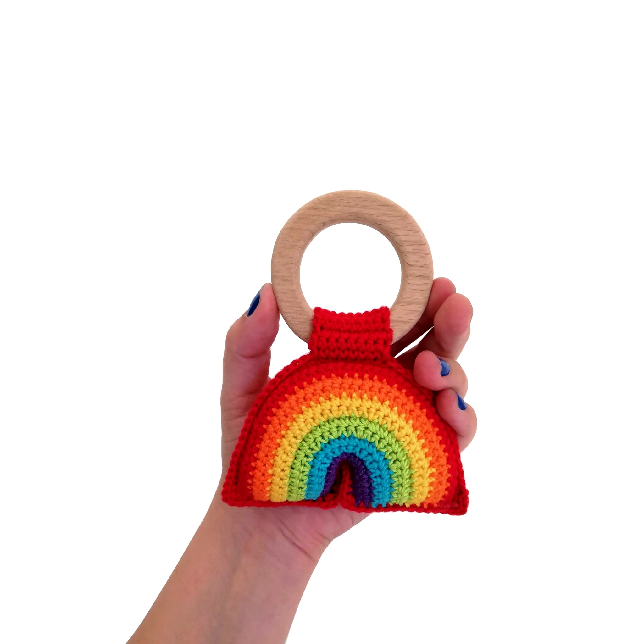 Vibrant Crochet Teether with Colorful Rainbow Design and Wood Ring