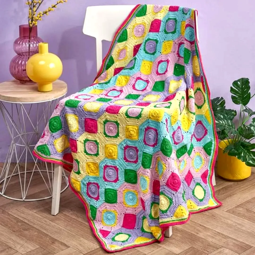 Vibrant Crochet Throw with Playful Hexagonal Pattern for You