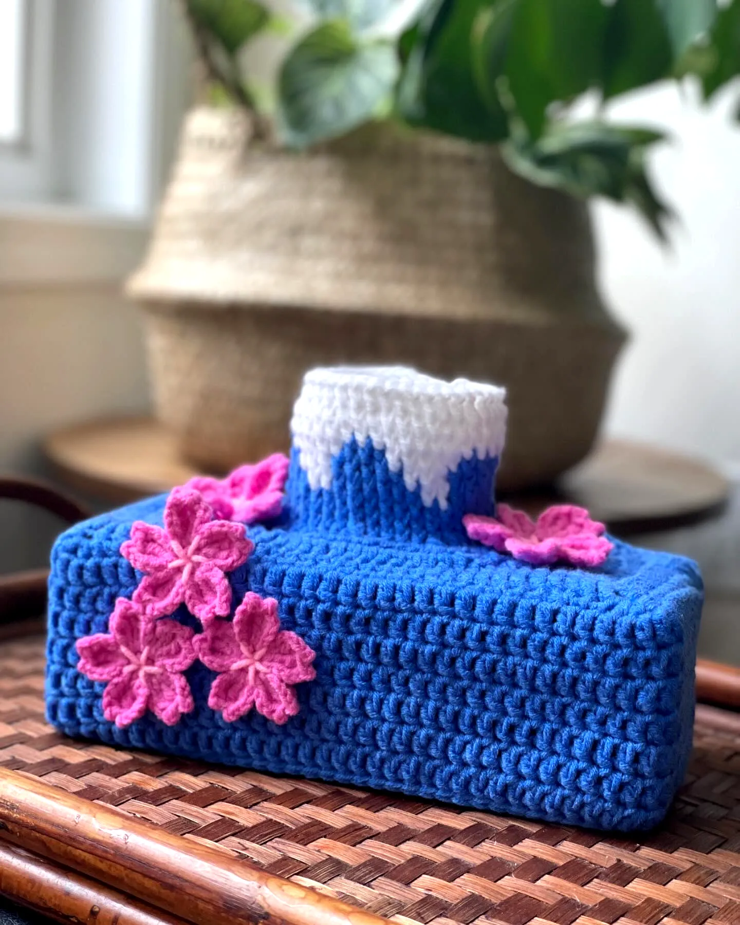 Vibrant Crochet Tissue Box Cover with Colorful Flowers and Snowy Top