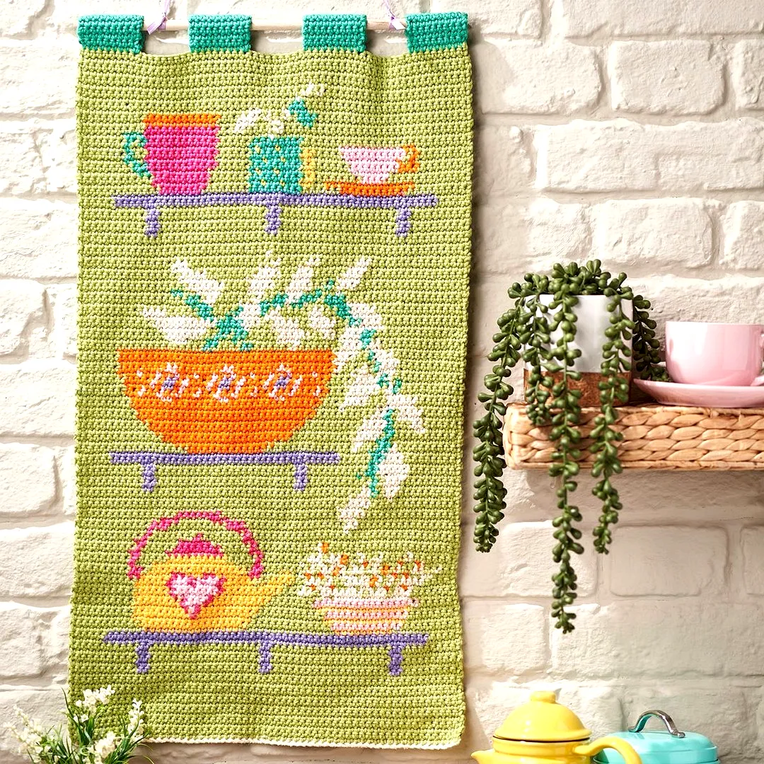 Vibrant Crochet Wall Hanging with Colorful Kitchen Design