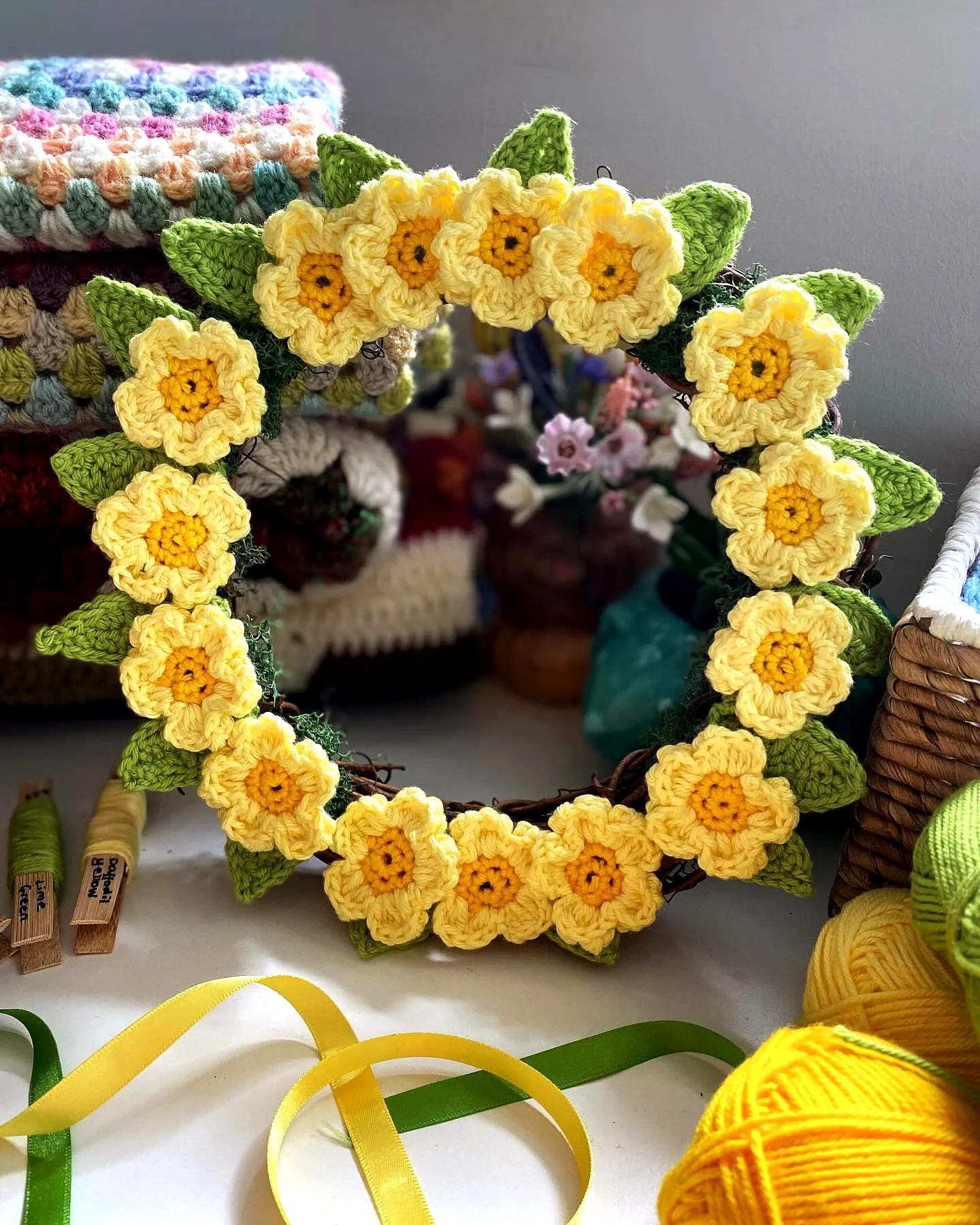 Vibrant Crochet Wreath with Bright Yellow Flowers and Leaves