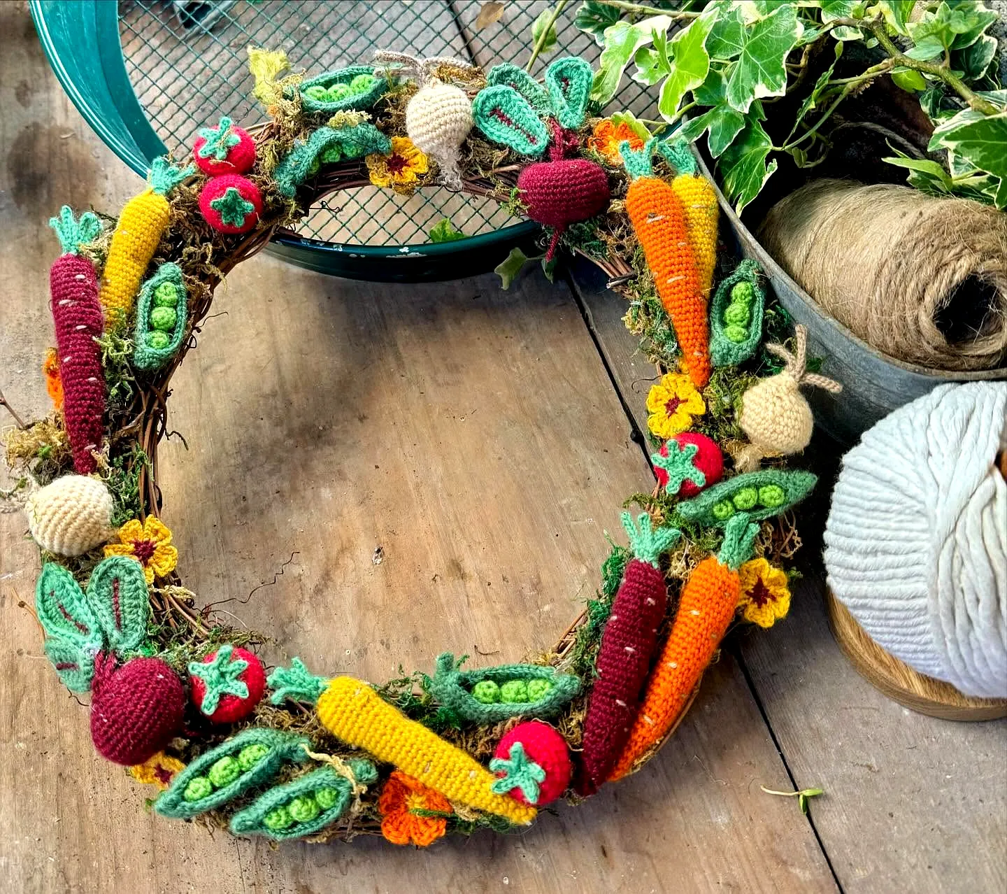Vibrant Crochet Wreath with Colorful Vegetables and Flowers