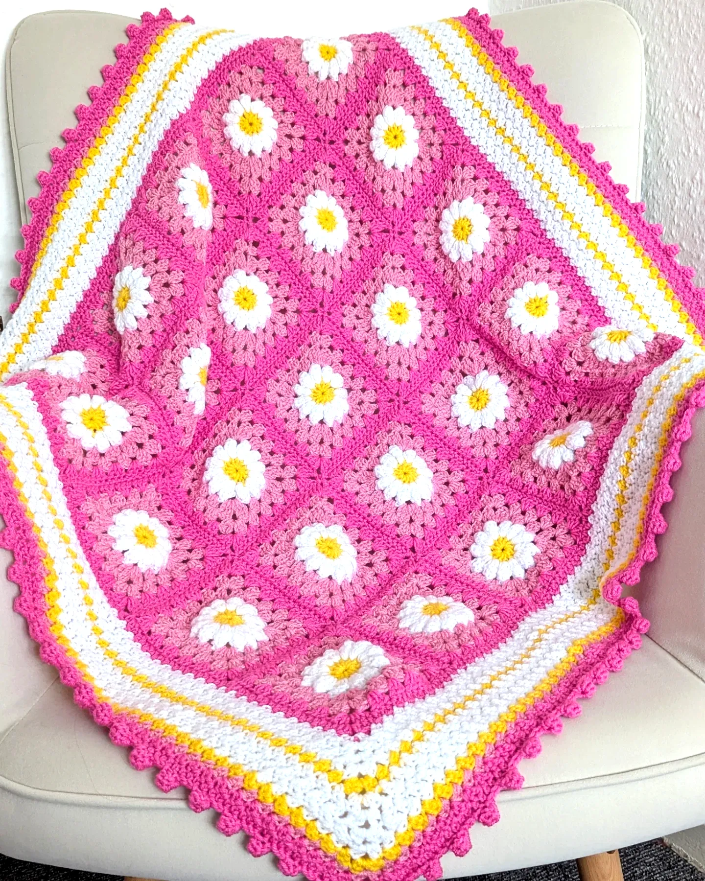 Vibrant Floral Crochet Throw with Scalloped Edge