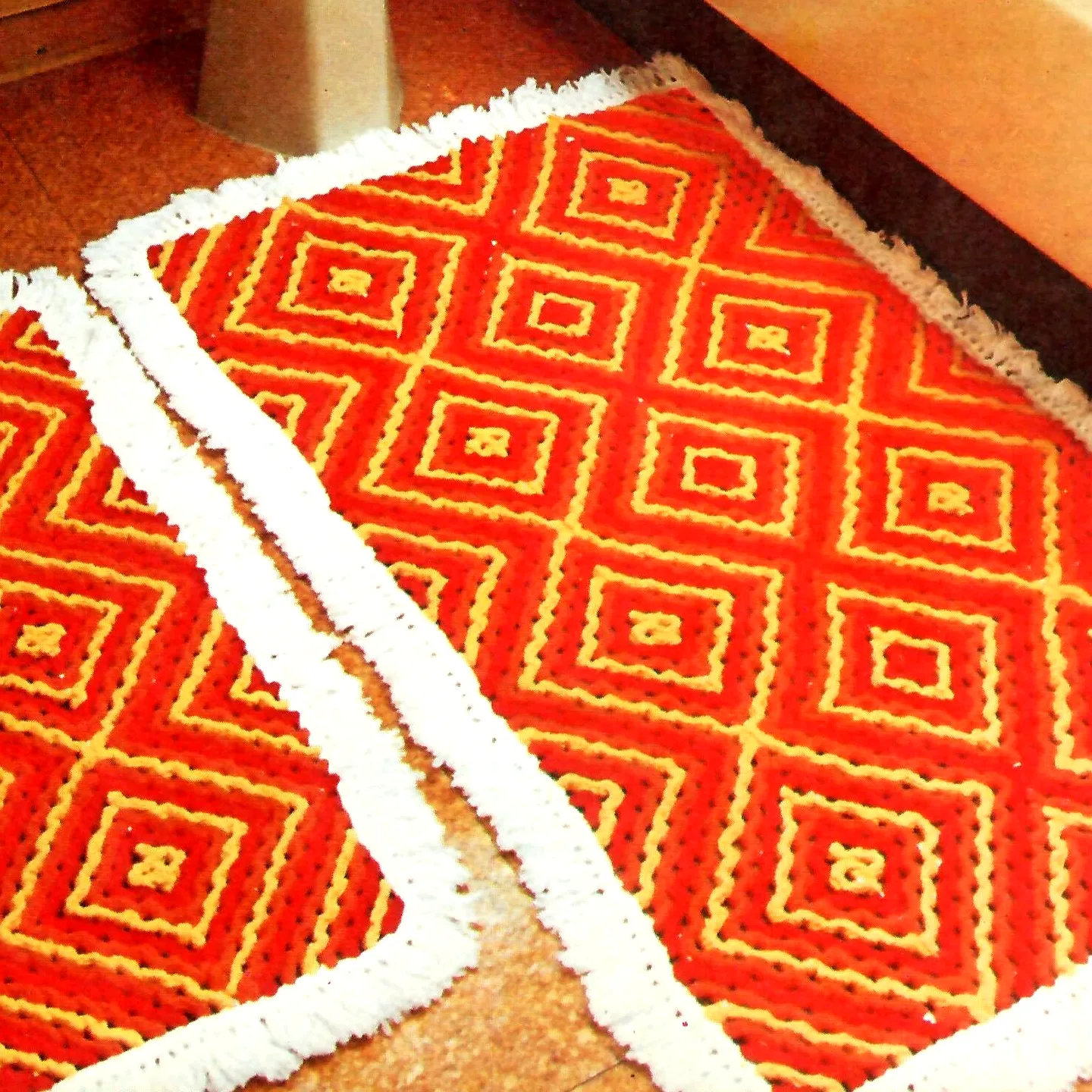 Vibrant Geometric Crochet Bath Mat in Red Yellow and White
