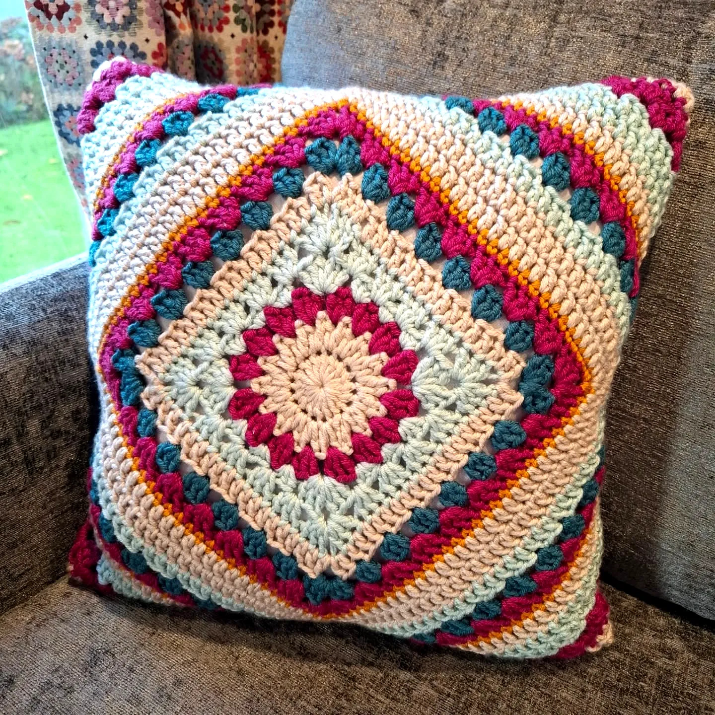 Vibrant Geometric Crochet Pillow in Colorful Soft Yarn