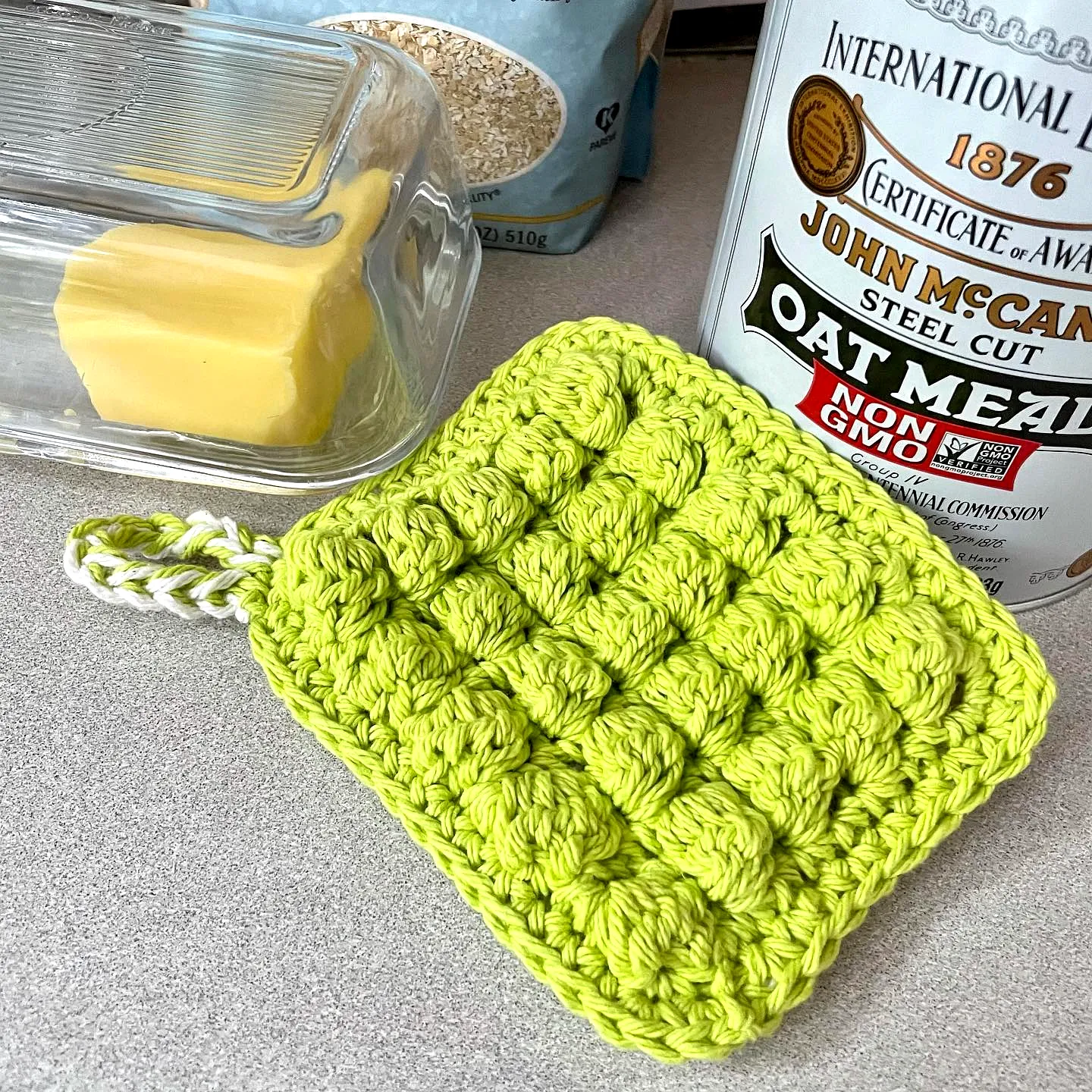Vibrant Lime Green Crochet Sponge with Textured Bobble Design