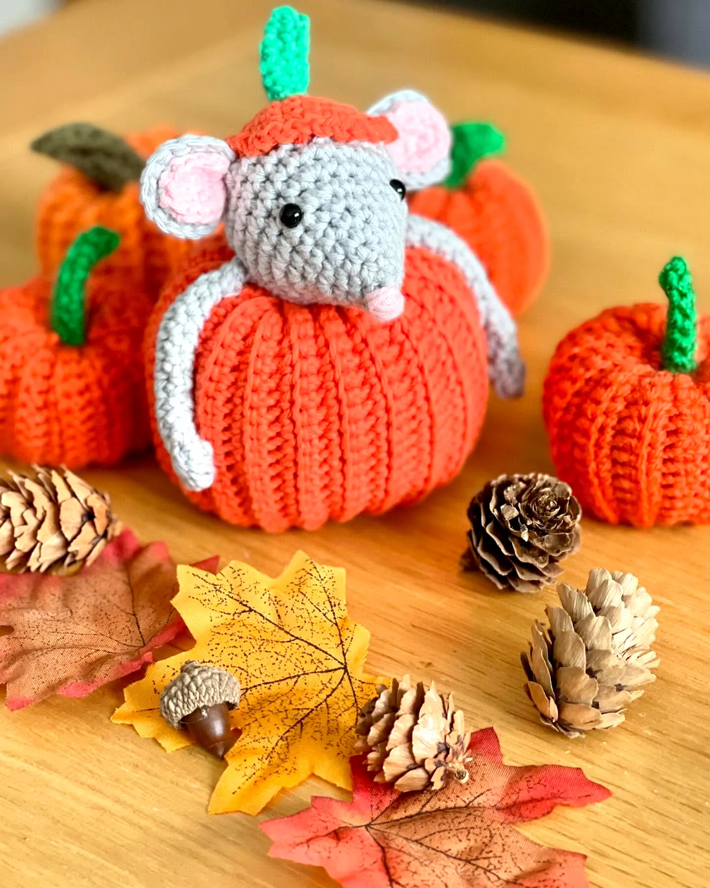 Vibrant Orange Crochet Pumpkin Set with Adorable Mouse Companion