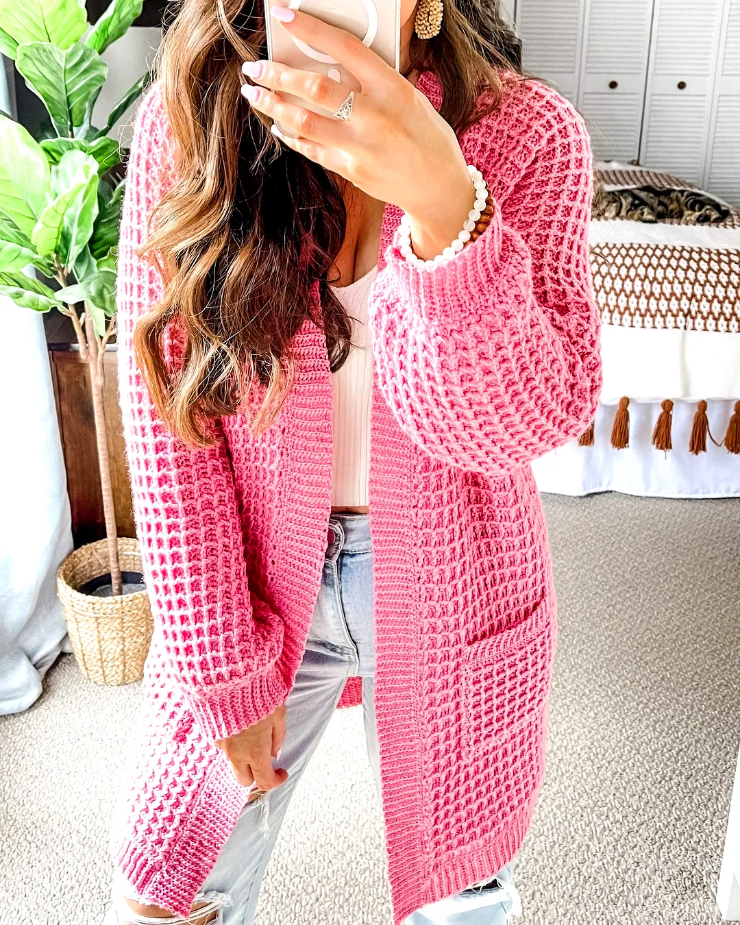 Vibrant Pink Crochet Duster with Pockets
