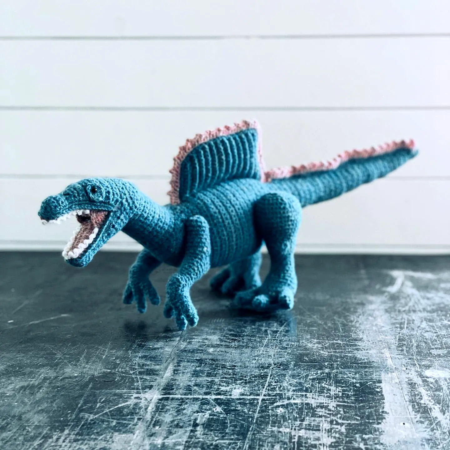 Vibrant Teal and Pink Crochet Dinosaur Amigurumi Spinosaurus