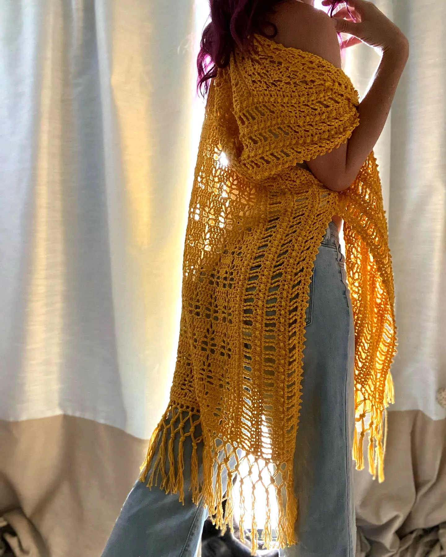 Vibrant Yellow Crochet Duster with Lace Patterns and Fringes
