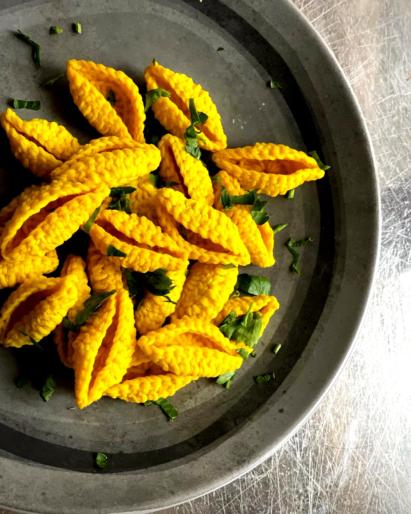 Vibrant Yellow Crochet Pasta for Stylish Kitchen Decor