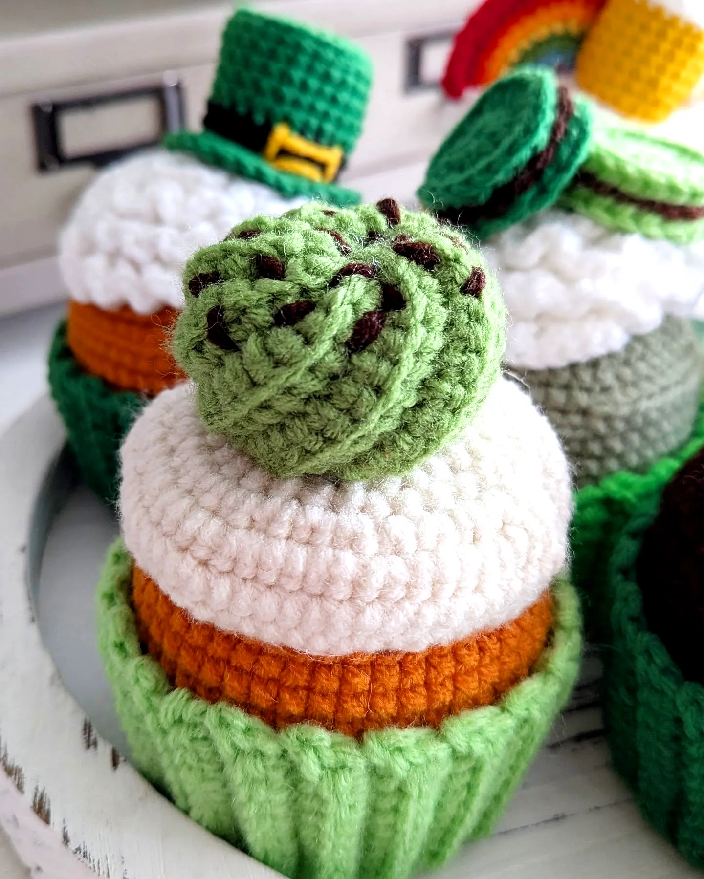Vibrantly Cute Crochet Cupcake with Green Frosting and Rainbow